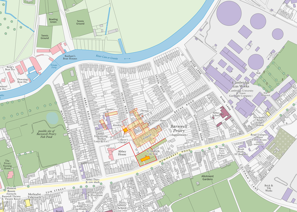 Extract from the Historical Map of Cambridge. (c) Historic Towns Trust 2023.  The map uses a 1925 Ordnance  Survey as its template and lays onto it the location of medieval Barnwell Priory